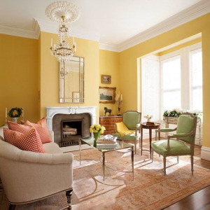 A bold colored yellow room with neutral colors - painting service provided by Painter1 in Sandy.